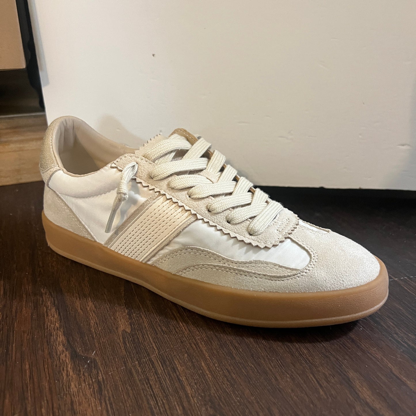 White, Tan, and Silver Sneaker