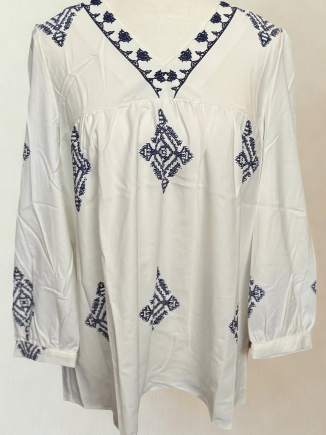 White & Navy Print Top